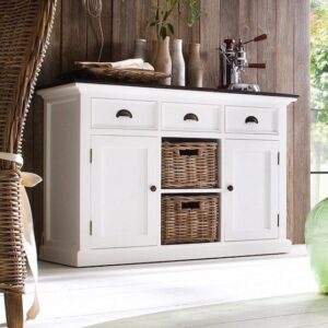 Allthorp Solid Wood Sideboard White And Black Top With Baskets