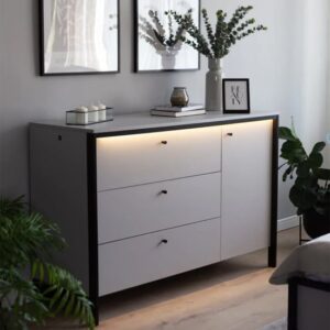 Genoa Wooden Sideboard With 1 Door 3 Drawers In Grey And LED