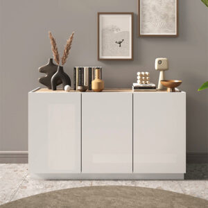 Flores High Gloss Sideboard With 3 Doors In White And Light Oak