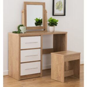Samaira Oak Wooden Dressing Table Set With 3 White Gloss Drawers