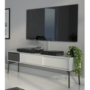 Felton Wooden TV Stand With 2 Sliding Doors In Grey And White
