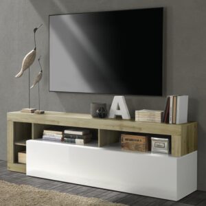 Hanmer White High Gloss TV Stand With 1 Flap Door In Cadiz Oak