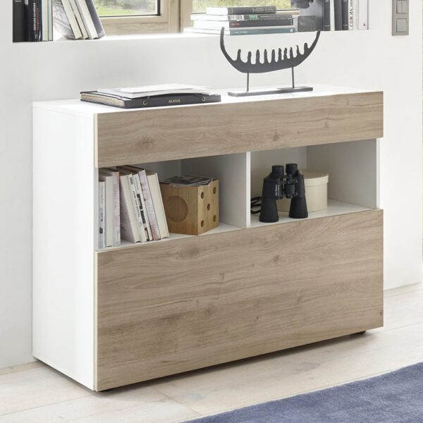 Solana White High Gloss Sideboard With 1 Drawer In Cadiz Oak