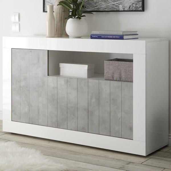 Nitro White High Gloss Sideboard With 3 Doors In Cement