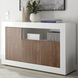 Nitro White High Gloss Sideboard With 3 Doors In Dark Walnut