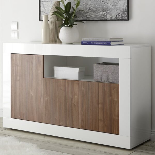 Nitro White High Gloss Sideboard With 3 Doors In Dark Walnut