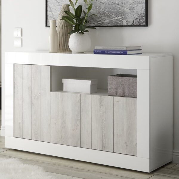 Nitro White High Gloss Sideboard With 3 Doors In Pine