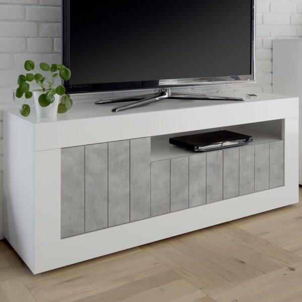 Nitro White High Gloss TV Stand With 3 Doors In Cement