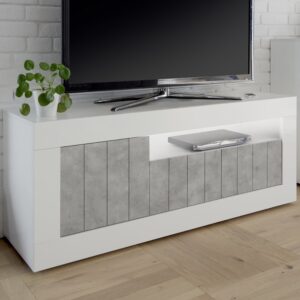 Nitro White High Gloss TV Stand With 3 Doors In Cement And LED