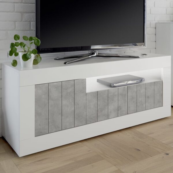 Nitro White High Gloss TV Stand With 3 Doors In Cement And LED