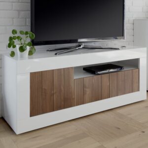 Nitro White High Gloss TV Stand With 3 Doors In Dark Walnut