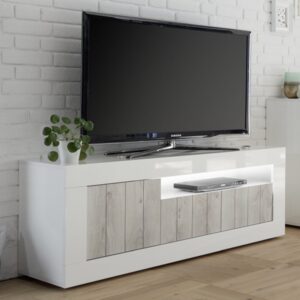 Nitro White High Gloss TV Stand With 3 Doors In Pine And LED