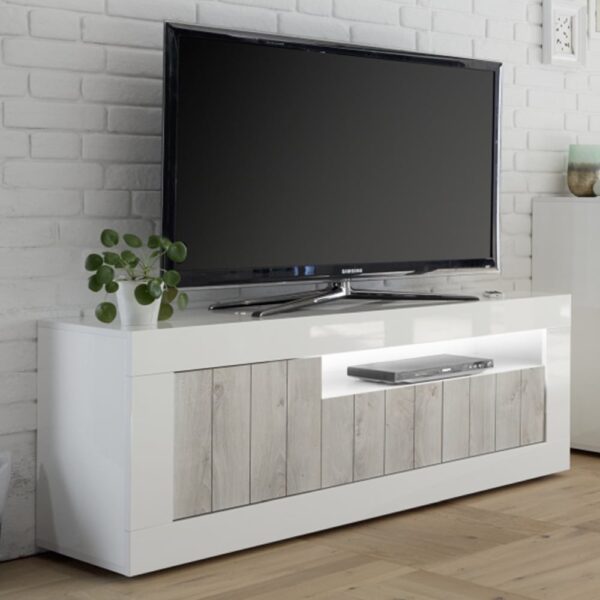 Nitro White High Gloss TV Stand With 3 Doors In Pine And LED