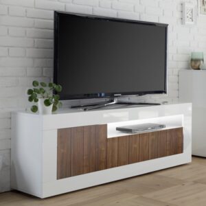 Nitro White High Gloss TV Stand With 3 Doors In Walnut And LED