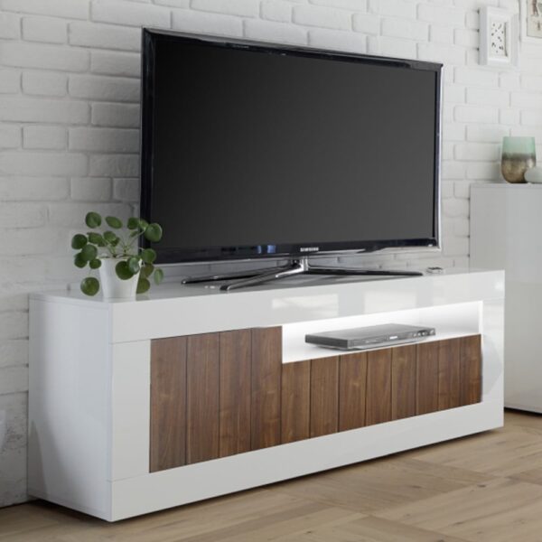 Nitro White High Gloss TV Stand With 3 Doors In Walnut And LED