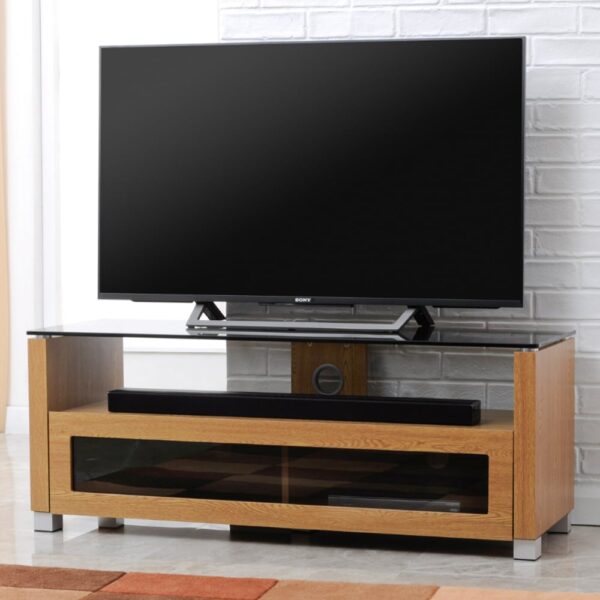 Elmira Small Wooden TV Stand With Glass Top In Light Oak