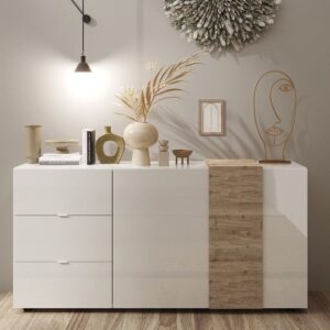 Venice White High Gloss Sideboard 2 Doors 3 Drawers In Cadiz Oak