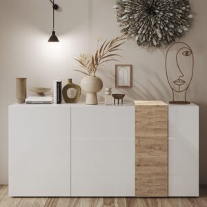 Venice White High Gloss Sideboard 3 Doors In Cadiz Oak