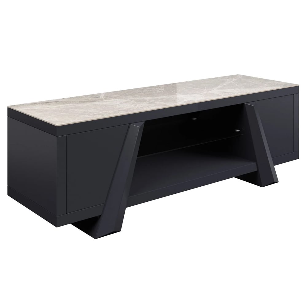 Laval Grey Gloss Ceramic Glass Top TV Stand With Wooden Base