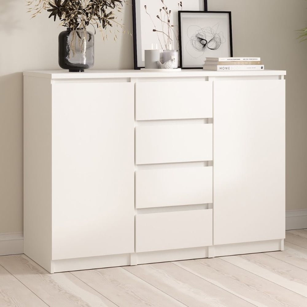 Nakou Wooden Sideboard With 2 Doors 4 Drawers In White
