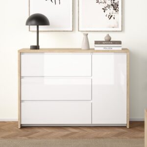 Norfolk Wooden Sideboard With 3 White Gloss Drawers In Hickory
