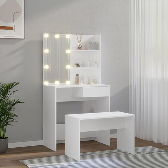 Taite Wooden Dressing Table Set In White With LED Lights