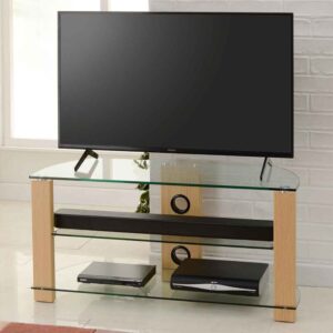 Alpine 1050mm Wooden Corner TV Stand With 2 Glass Shelves - Oak