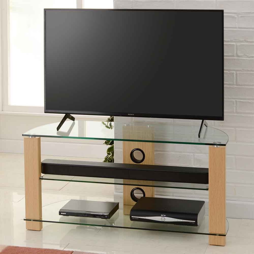 Alpine 1050mm Wooden Corner TV Stand With 2 Glass Shelves - Oak
