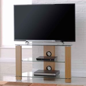 Alpine 800mm Wooden Corner TV Stand With 2 Glass Shelves - Oak