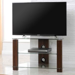 Alpine 800mm Wooden Corner TV Stand With 2 Glass Shelves - Walnut