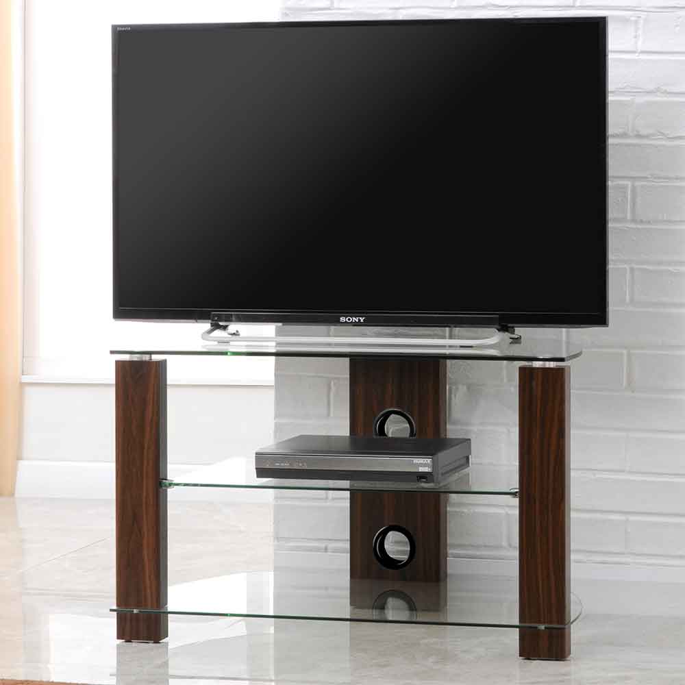 Alpine 800mm Wooden Corner TV Stand With 2 Glass Shelves - Walnut