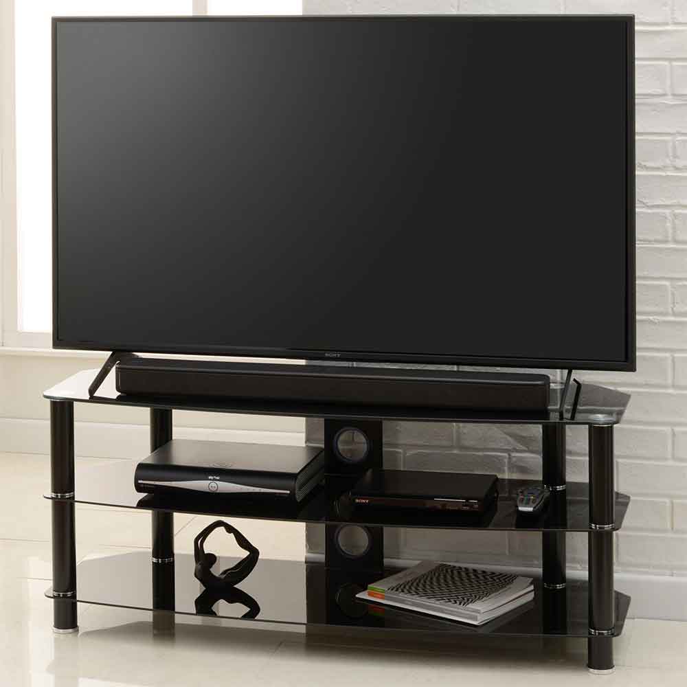 Arvada 120cm Glass Top TV Stand With 2 Shelves - Black