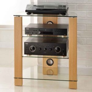 Tetonia Metal Hifi Wooden TV Stand With 4 Glass Shelves - Oak