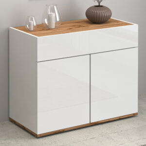 Girard High Gloss Sideboard With 2 Doors 1 Drawer In White And Wotan Oak