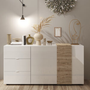 Venice White High Gloss Sideboard 2 Doors 3 Drawers In Cadiz Oak