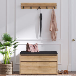 Blakely Wooden Hallway Storage Bench With Coat Rack In Oak And Black