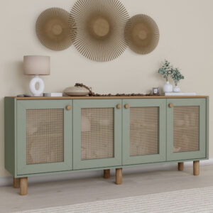Boho Wooden Sideboard With 4 Rattan Cane Doors In Green And Oak