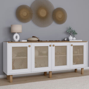 Boho Wooden Sideboard With 4 Rattan Cane Doors In White And Light Walnut