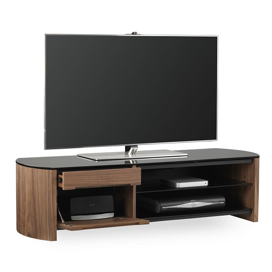 Flare Large Black Glass TV Stand With Walnut Wooden Frame