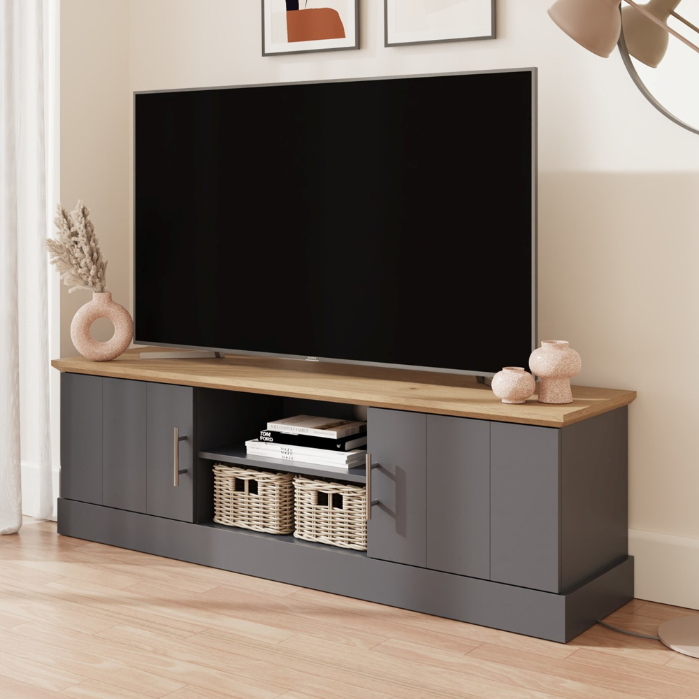 Kirkby Wooden TV Stand With 2 Doors In Slate Blue And Oak